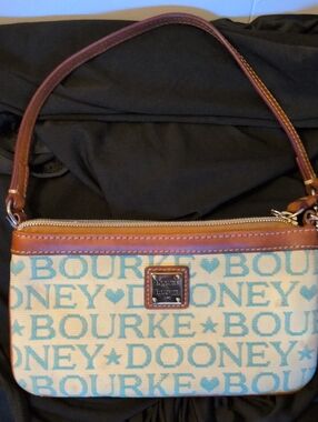 Dooney & Bourke Cream and Light Blue Logo Wristlet with Brown Leather.